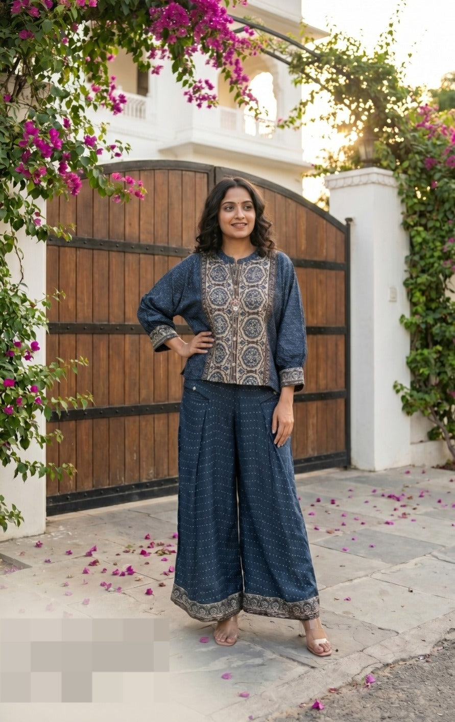 Indigo Ajrakh Printed Muslin Silk Co-ord Set