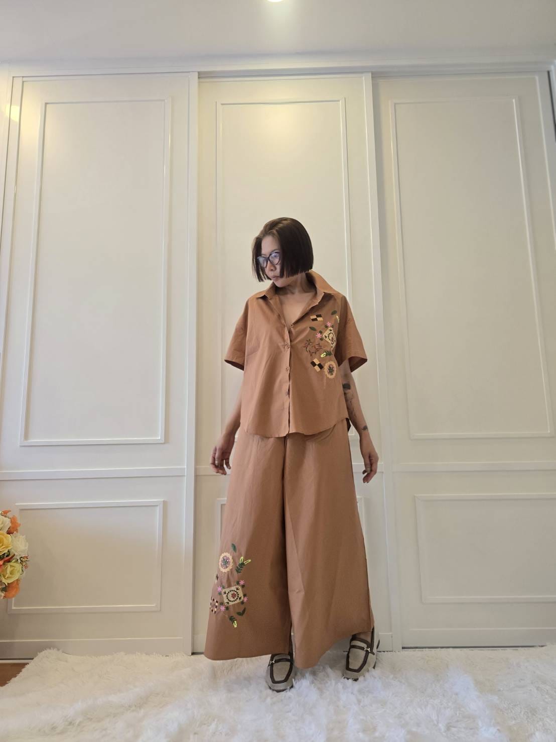Peach Abstract Embroidered Cotton Co-ord Set