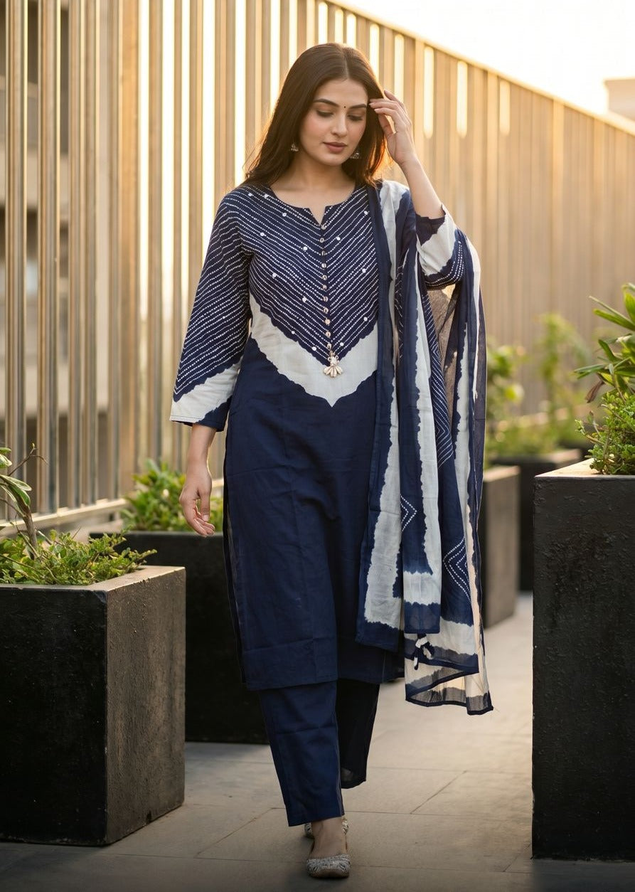 Indigo Chevron Printed Cotton Pant Set