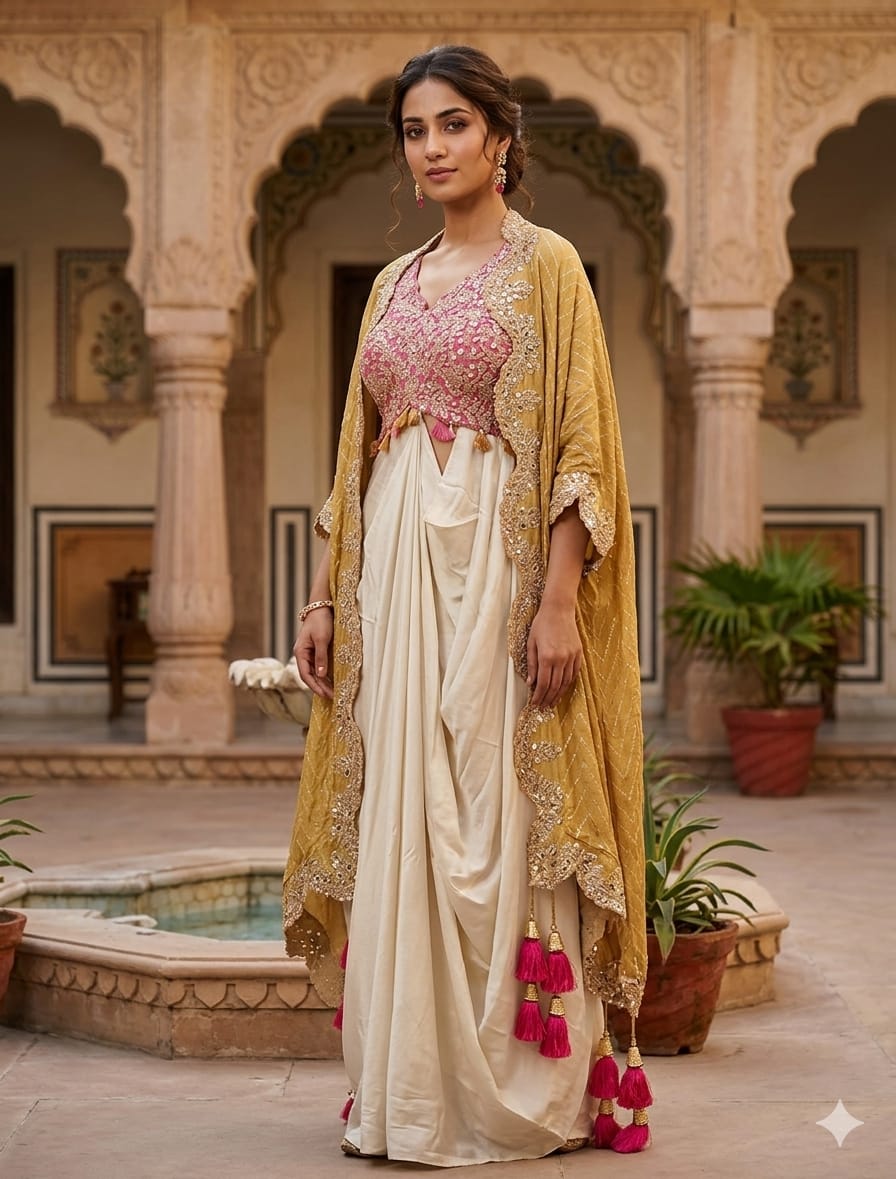 Mustard Azure Embellished Crepe Silk Skirt Set