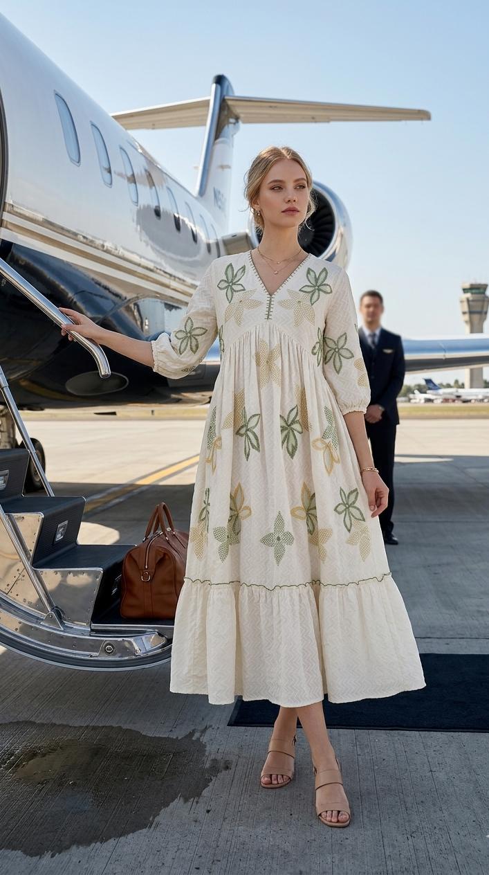 Ecru Embroidered Cotton Dress