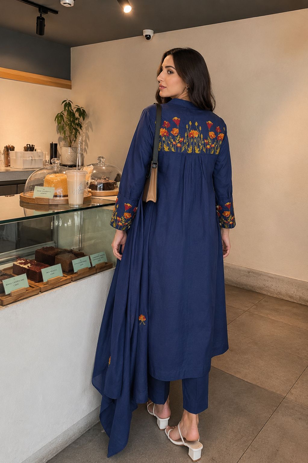 Navy Blossom Embroidered Cotton Anarkali Set