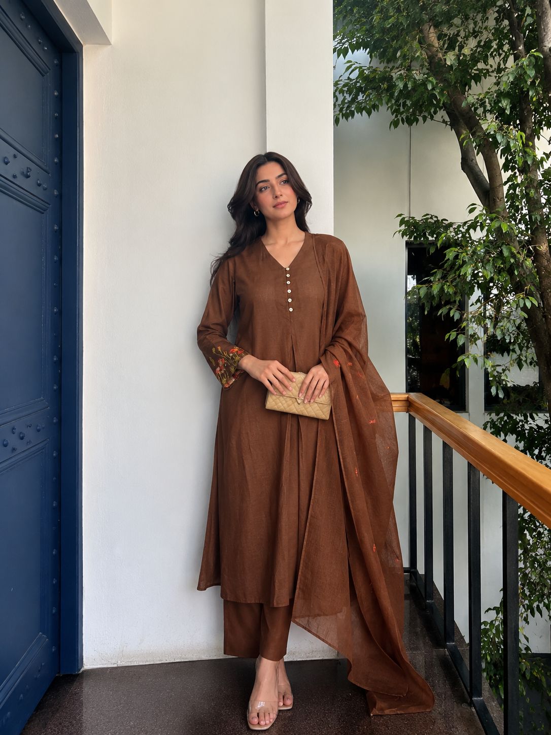 Coffee Blossom Embroidered Cotton Anarkali Set