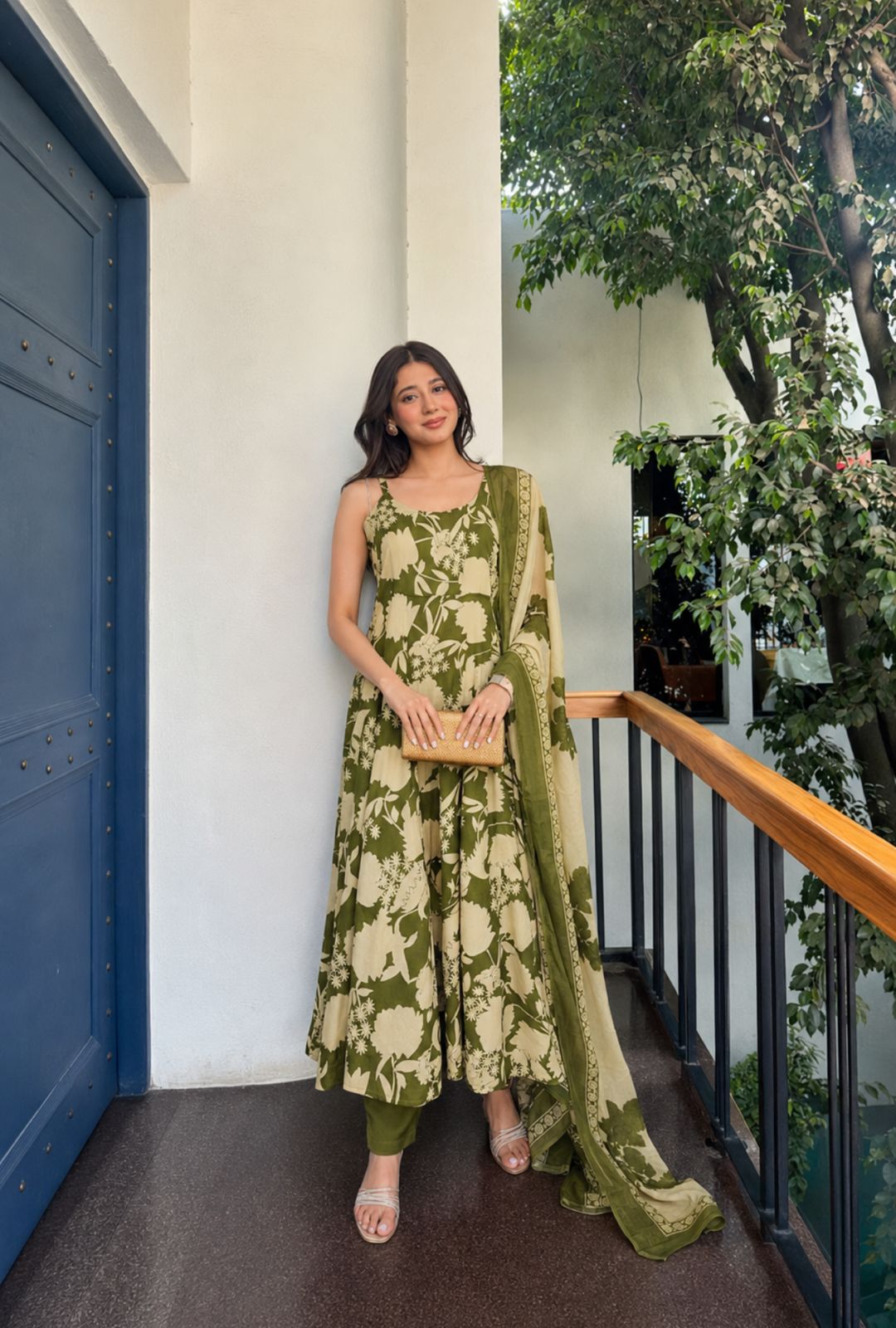 Olive Botanical Printed Cotton Anarkali Set