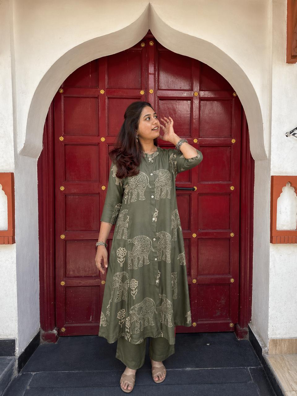 Sage Safari Printed Cotton Anarkali Set