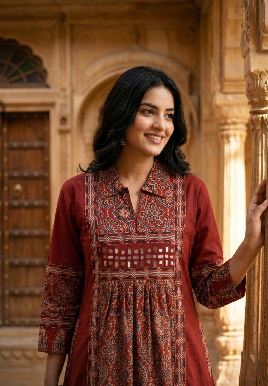Crimson Azure Printed Cotton Dress