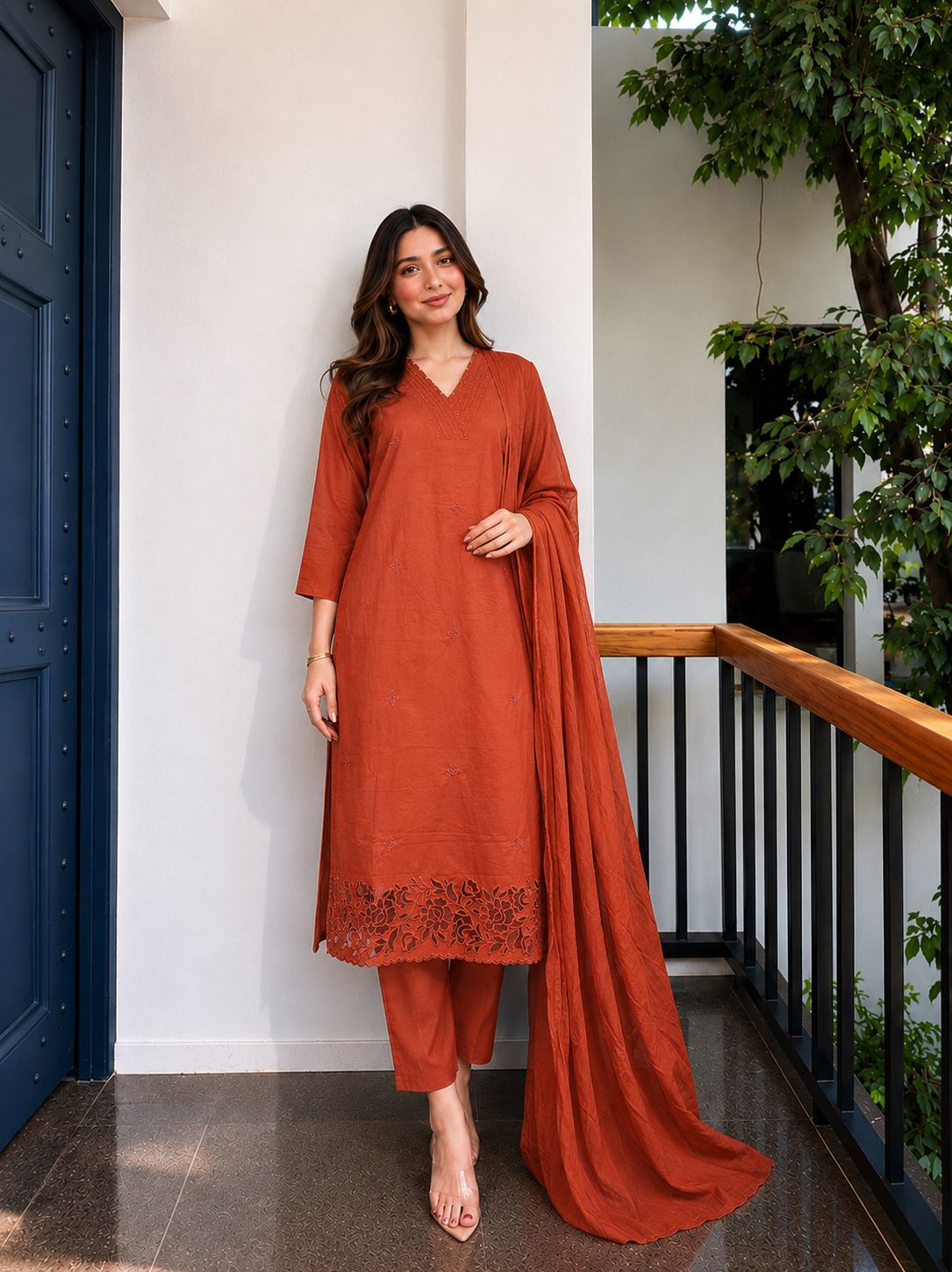 Terracotta Blossom Printed Cotton Pant Set