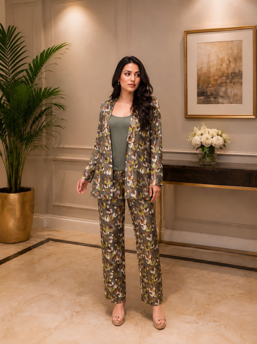 Abstract Camo Printed Muslin Silk Pant Set