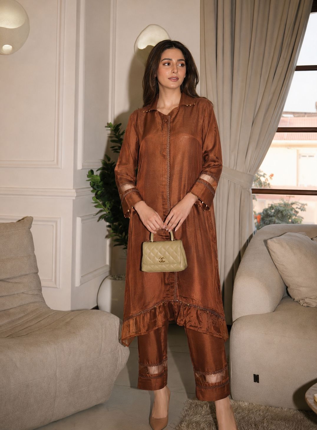 Umber Frill Muslin Silk Co-Ord Set