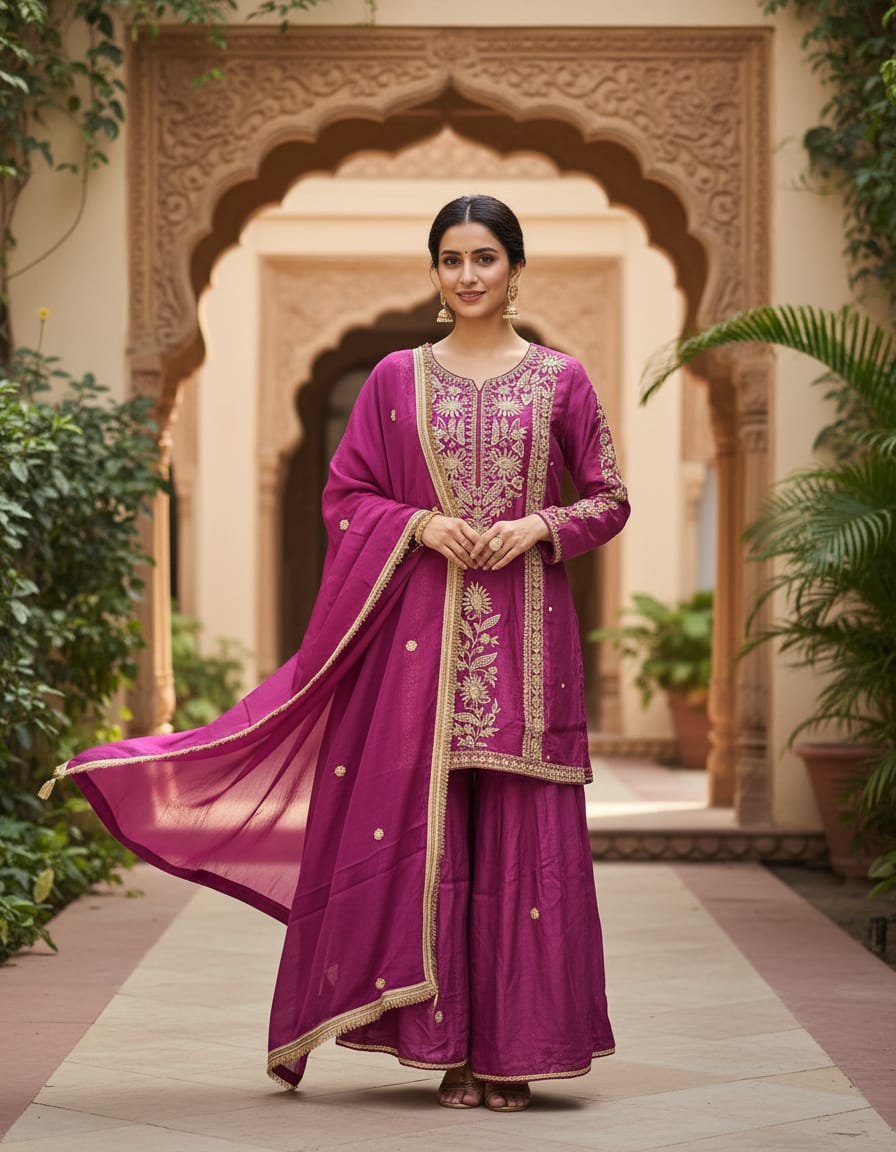 Plum Purple Embroidered Premium Silk Palazzo Set
