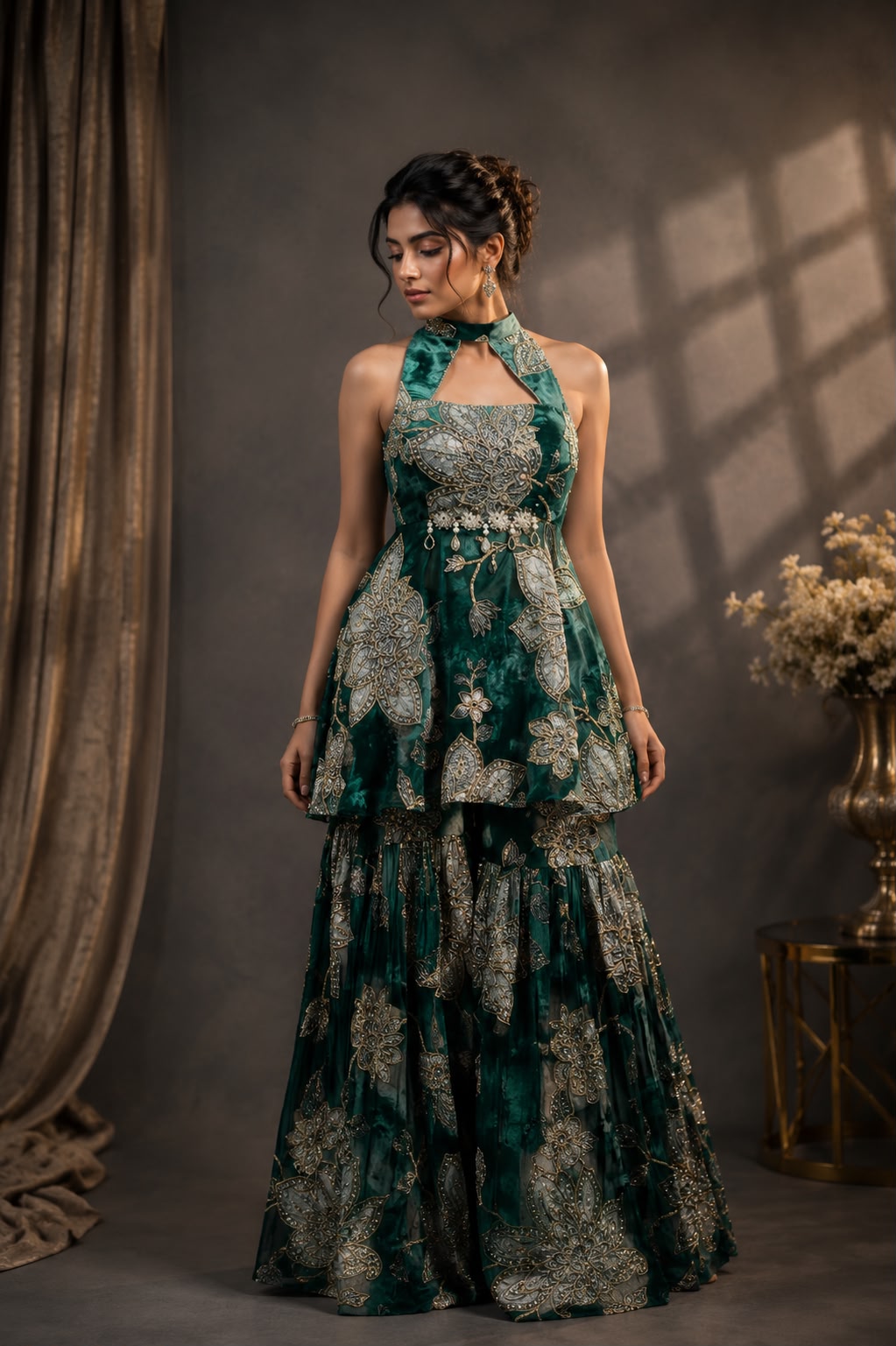 Jade Green Embellished Organza Sharara Set