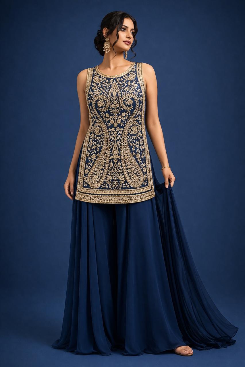 Sapphire Blue Embellished Georgette Silk Palazzo Set