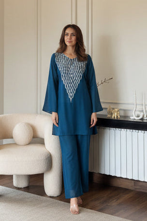 Teal Green Embroidered Muslin Silk Co-Ord Set