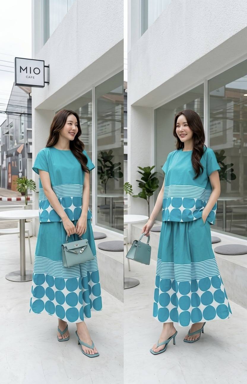 Turquoise Blue Plastisol Print Cotton Co-Ord Set