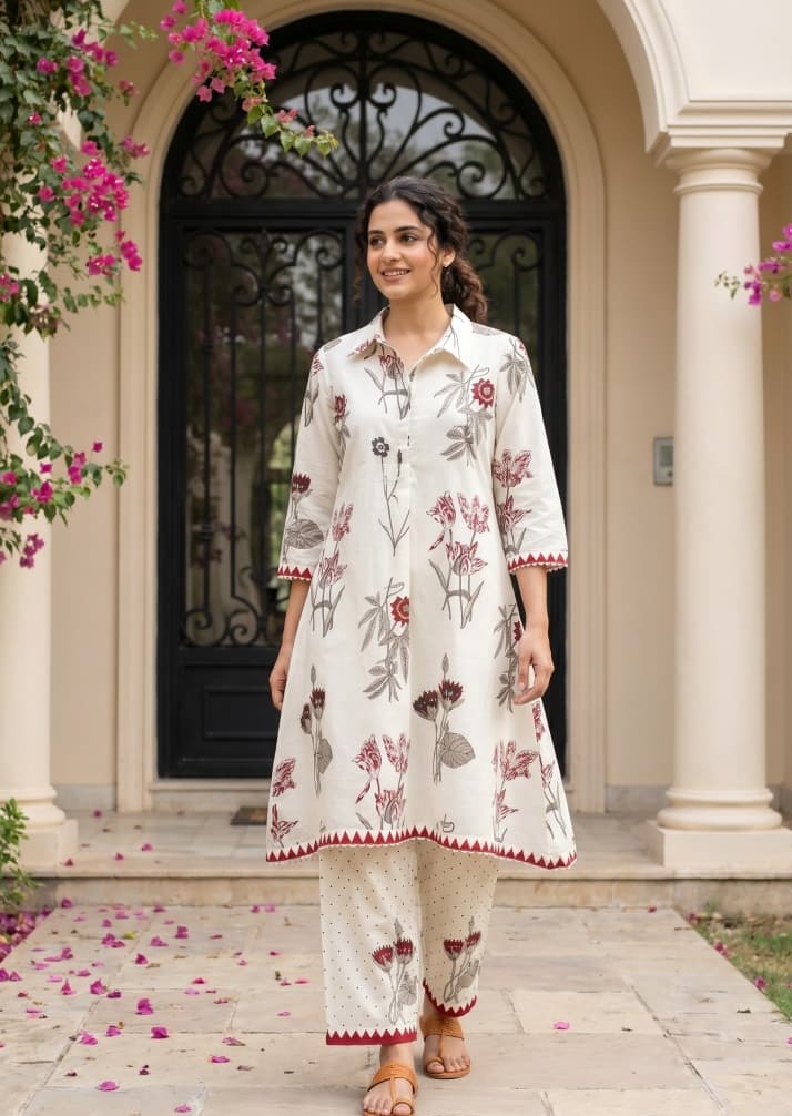 Ivory White and Yellow Printed Cotton Kurta Set