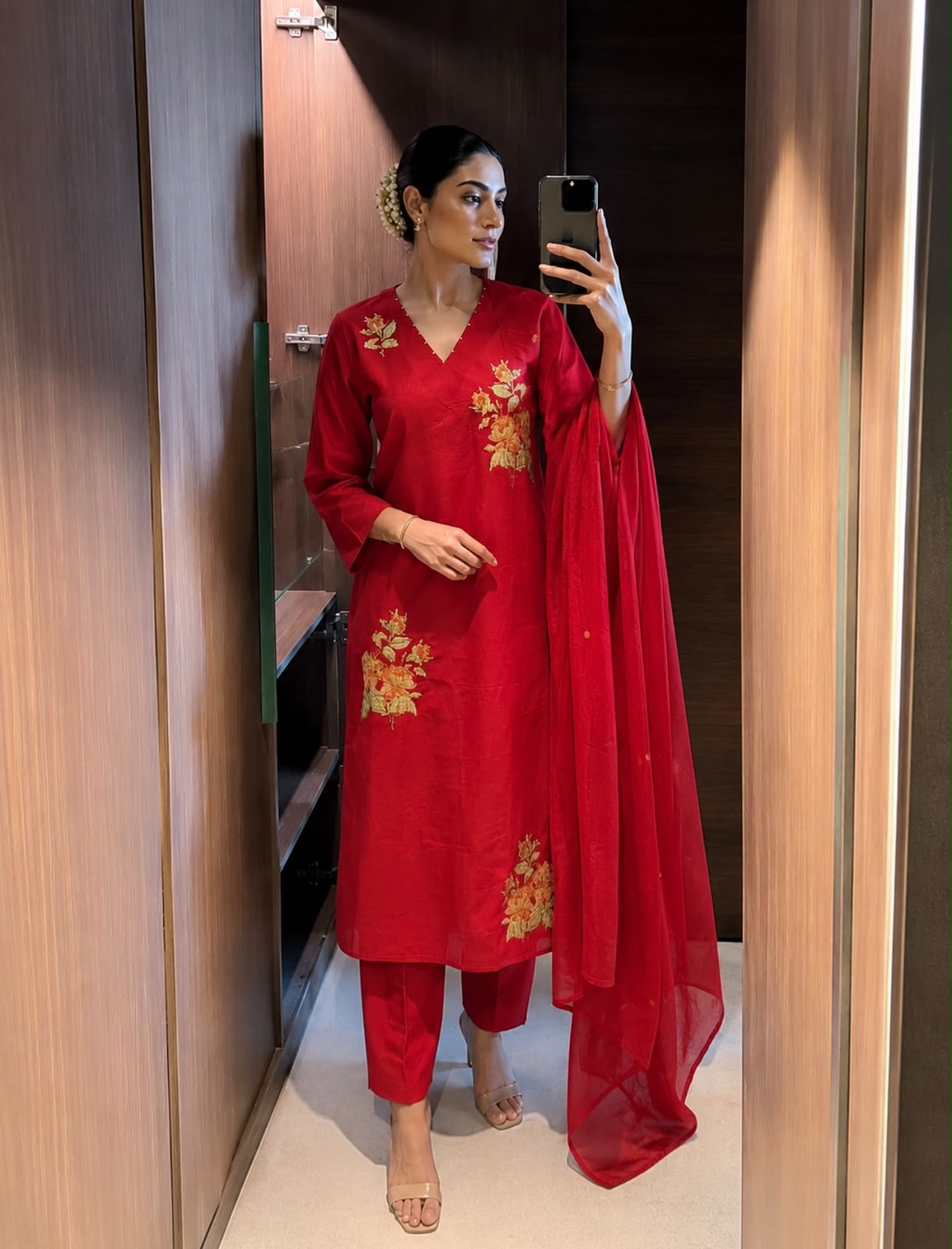Crimson Convent Embroidered Cotton Pant Set