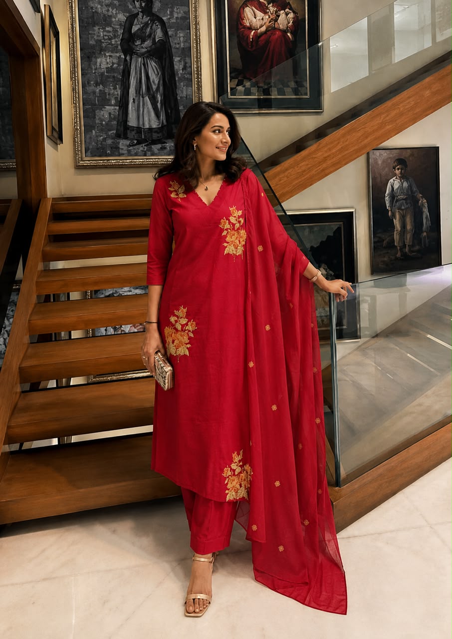 Crimson Convent Embroidered Cotton Pant Set