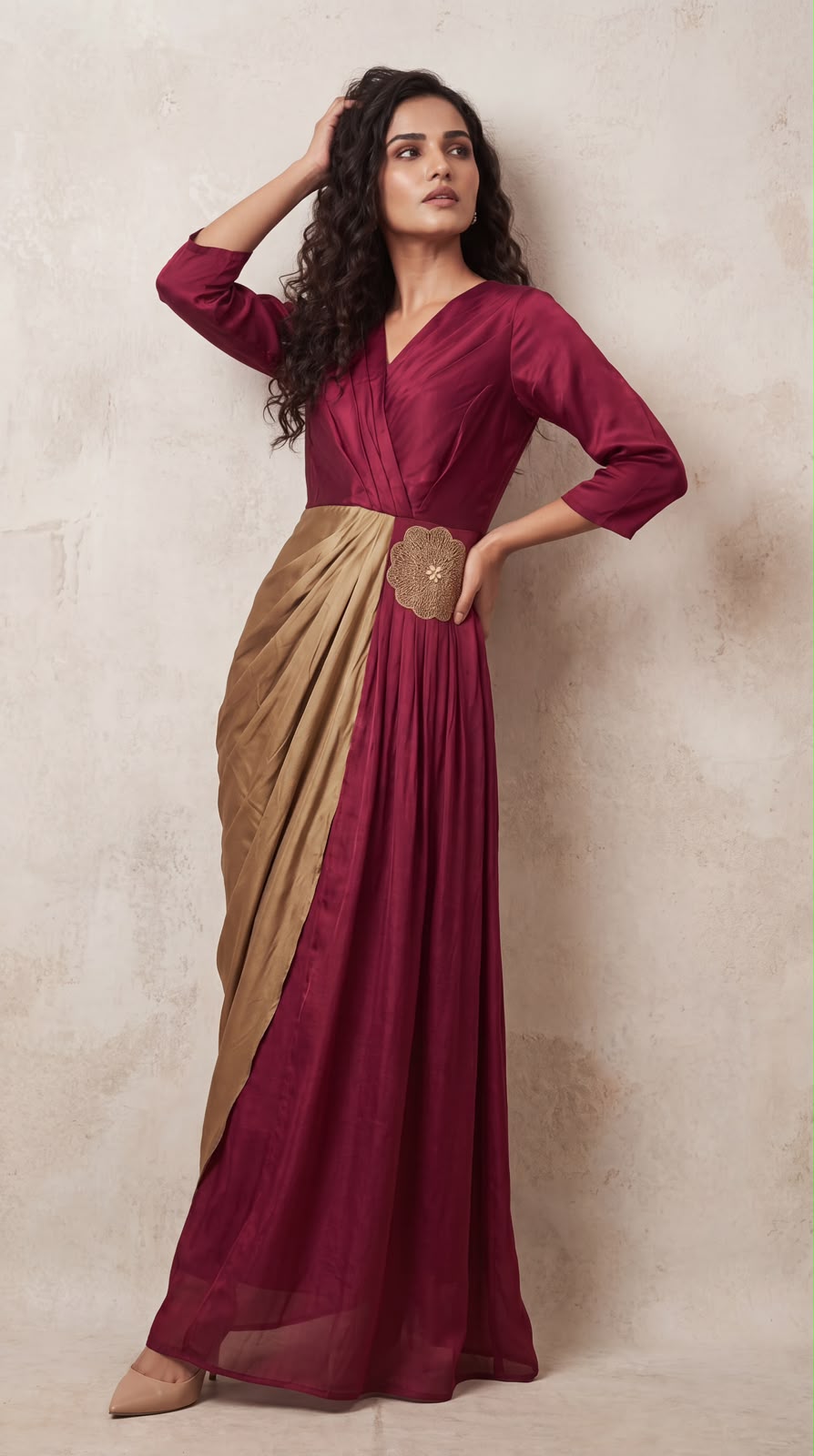 Burgundy & Bronze Draped Satin Silk Dress