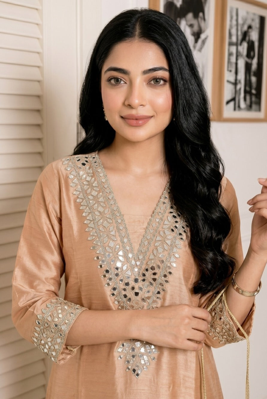 Golden Gilded Embellished Tissue Silk Pant Set