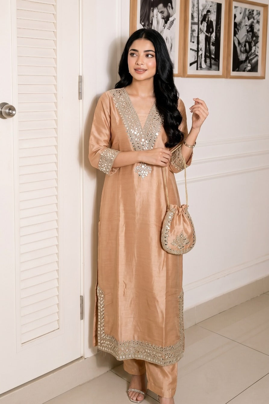 Golden Gilded Embellished Tissue Silk Pant Set