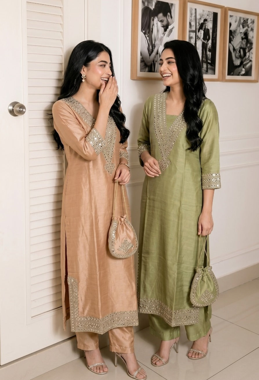 Golden Gilded Embellished Tissue Silk Pant Set