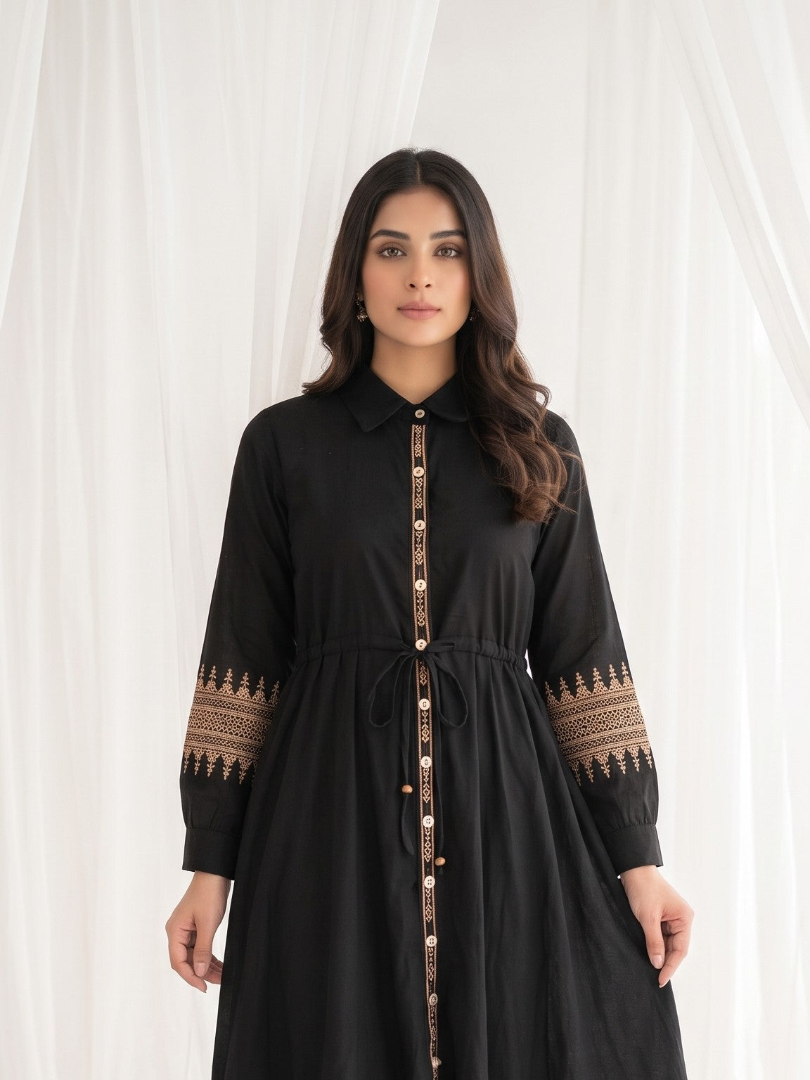 Onyx Charm Embroidered Cotton-Linen Dress