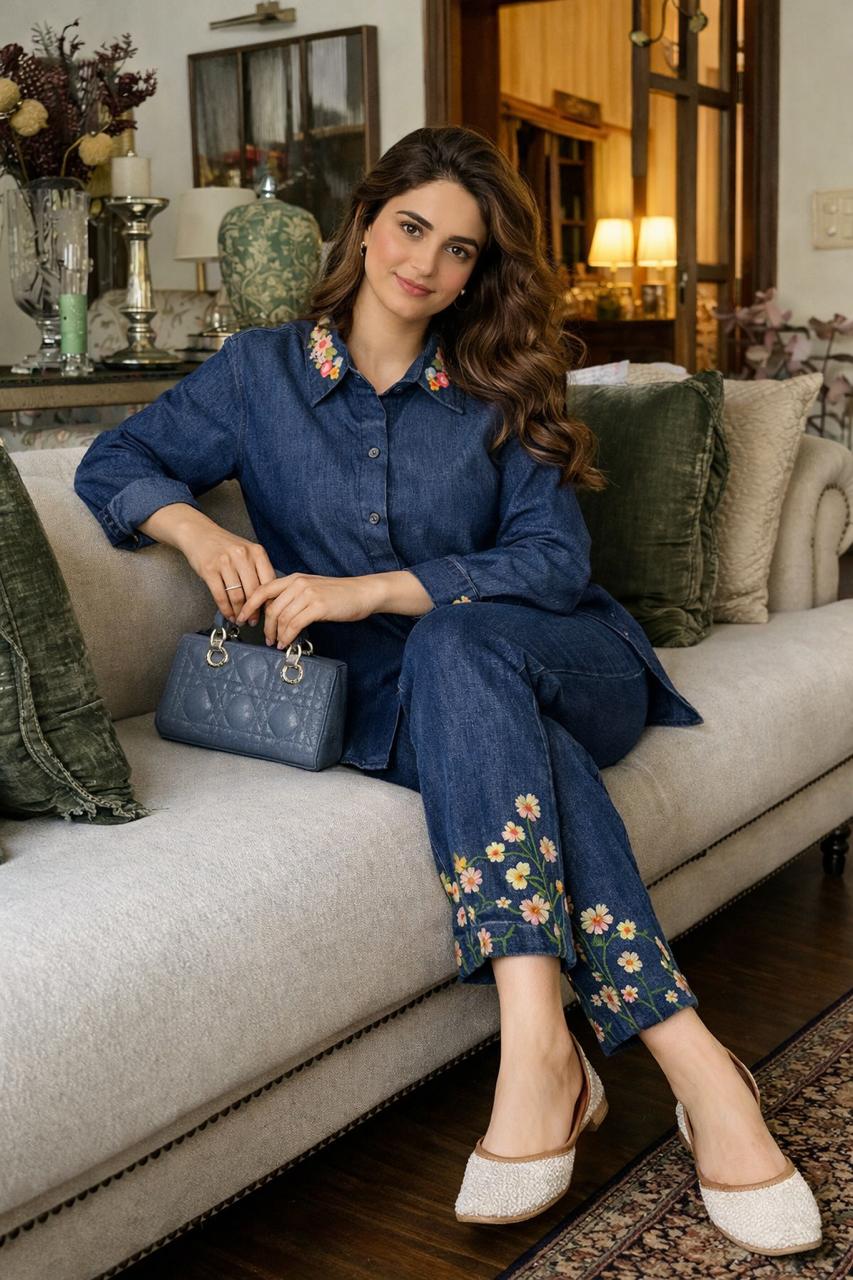 Meadow Bloom Embroidered Soft Denim Co-Ord Set
