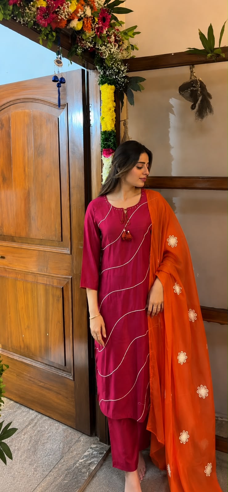 Magenta Wave Embroidered Crepe Silk Pant Set