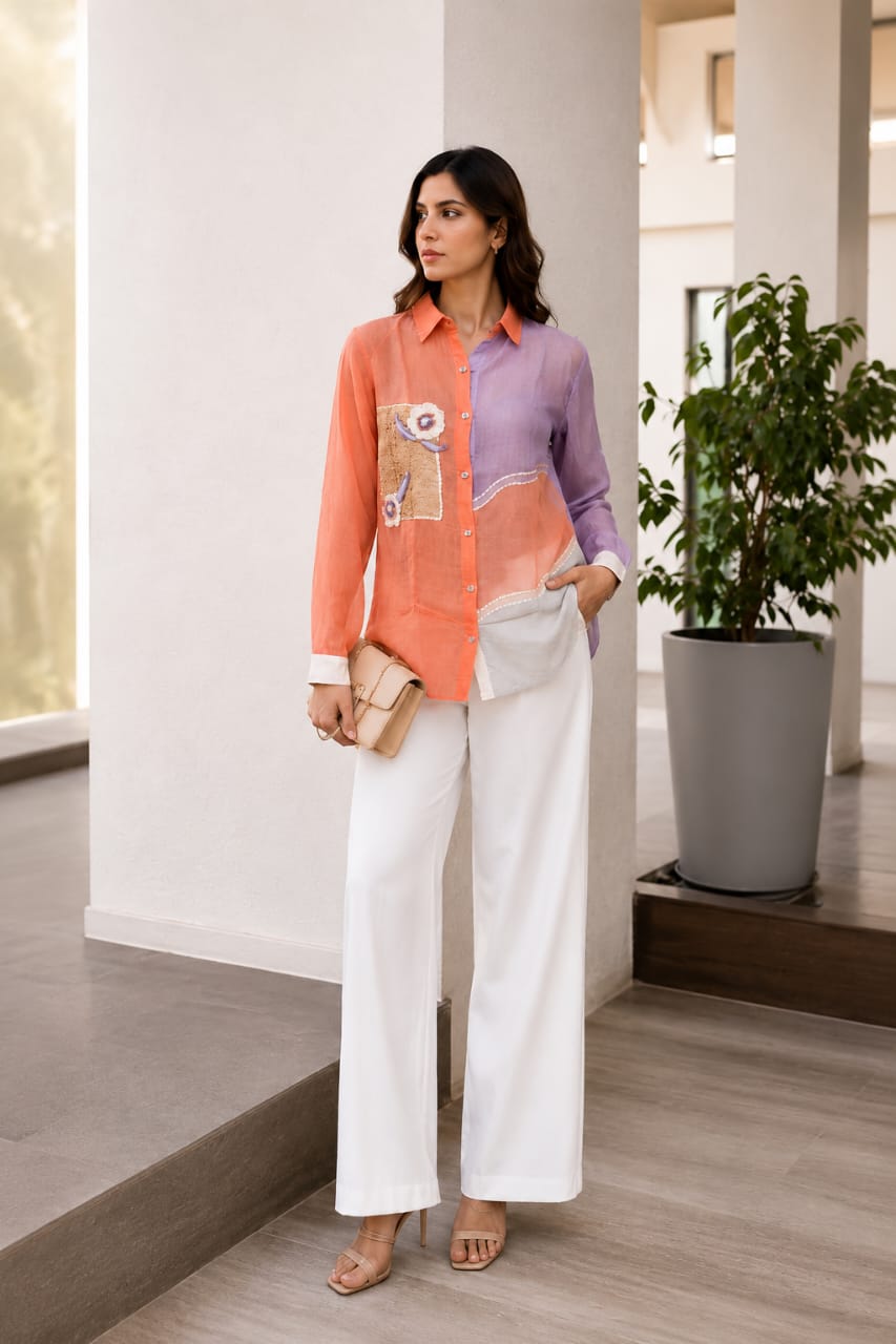 Coral Embellished Mul-Chanderi Shirt