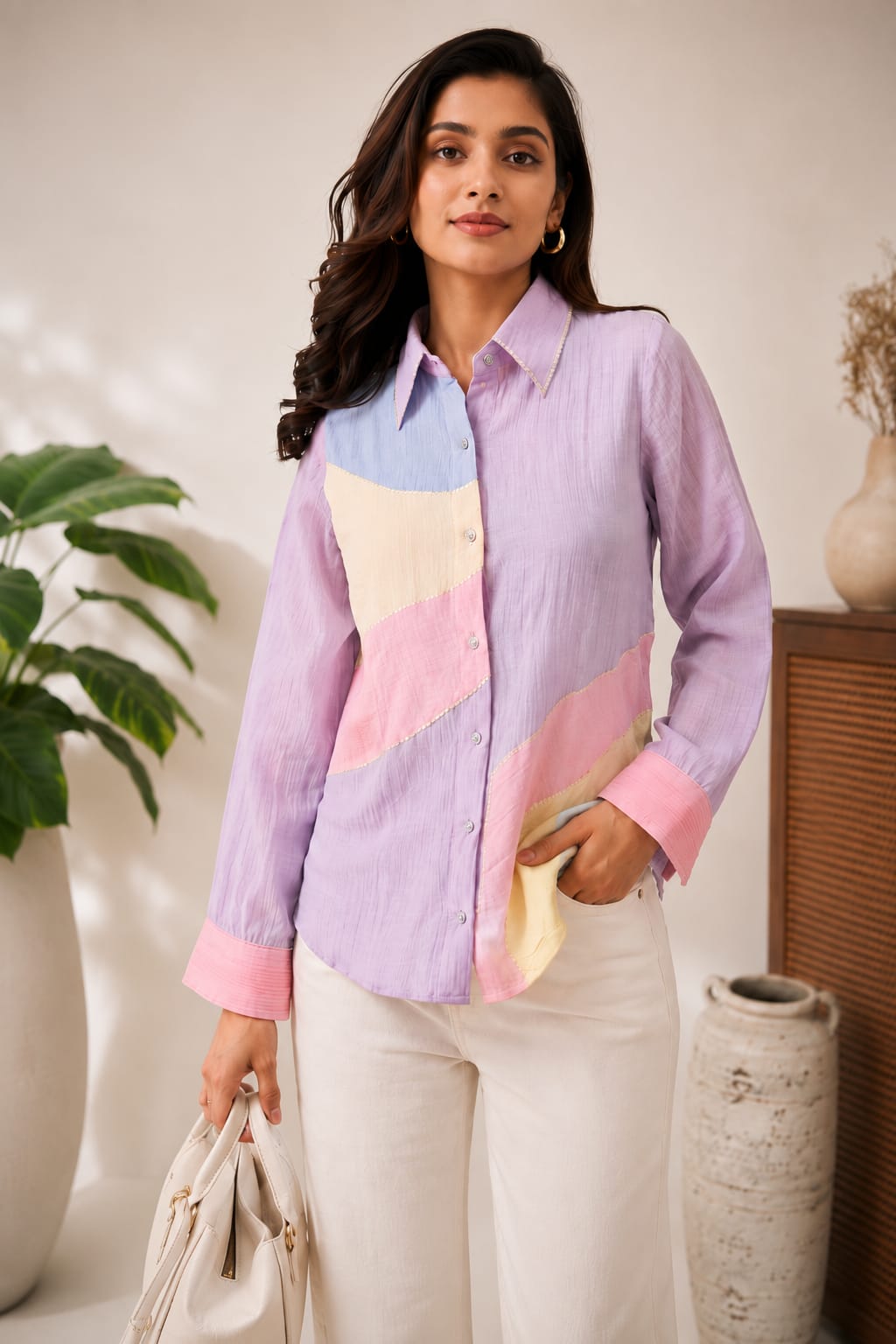 Lavender Embellished Mul-Chanderi Shirt
