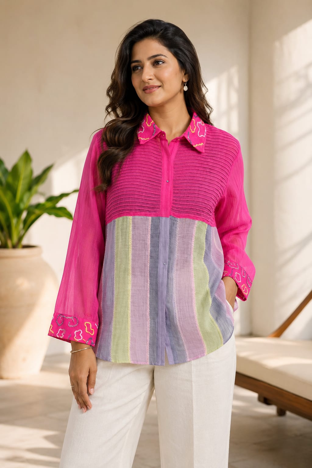 Fuchsia Embellished Mul-Chanderi Shirt