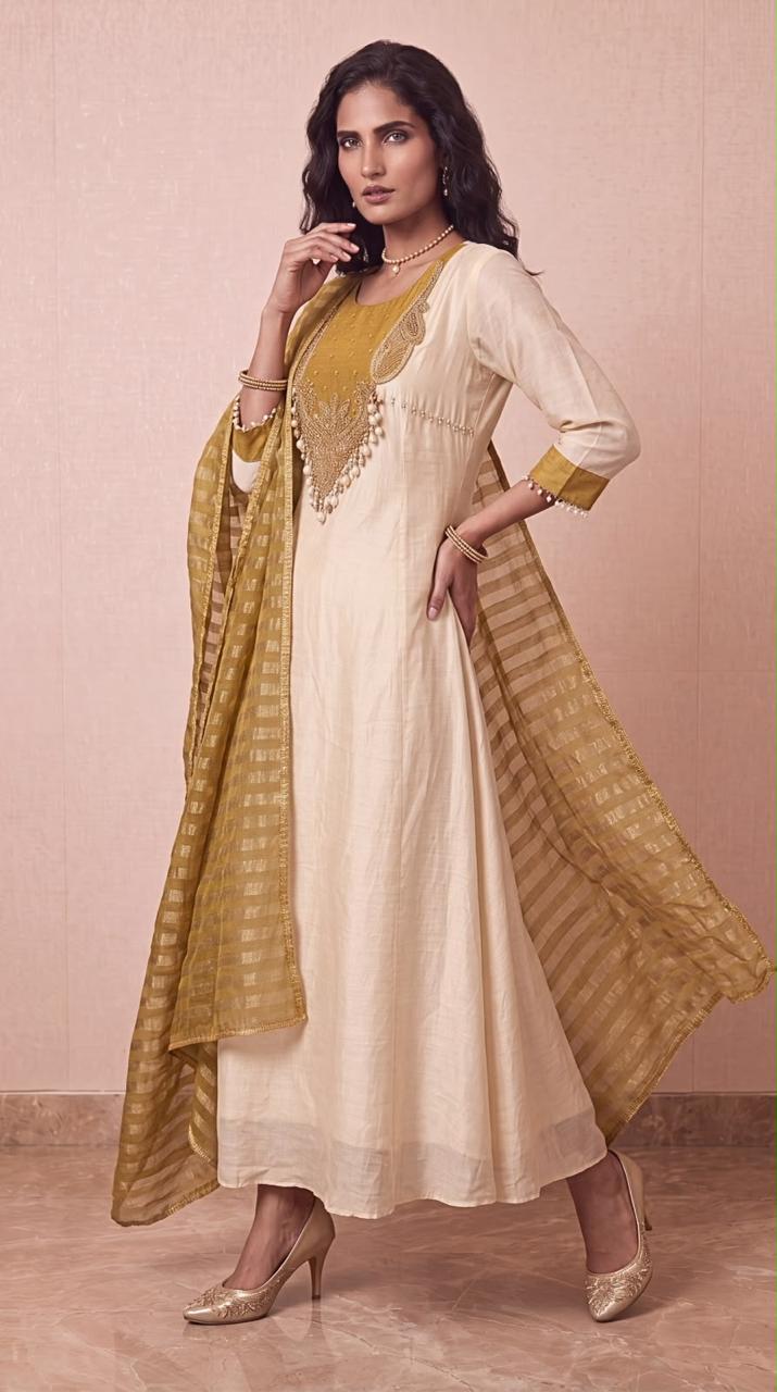 Olive Sunbeam Embellished Dola Silk Anarkali