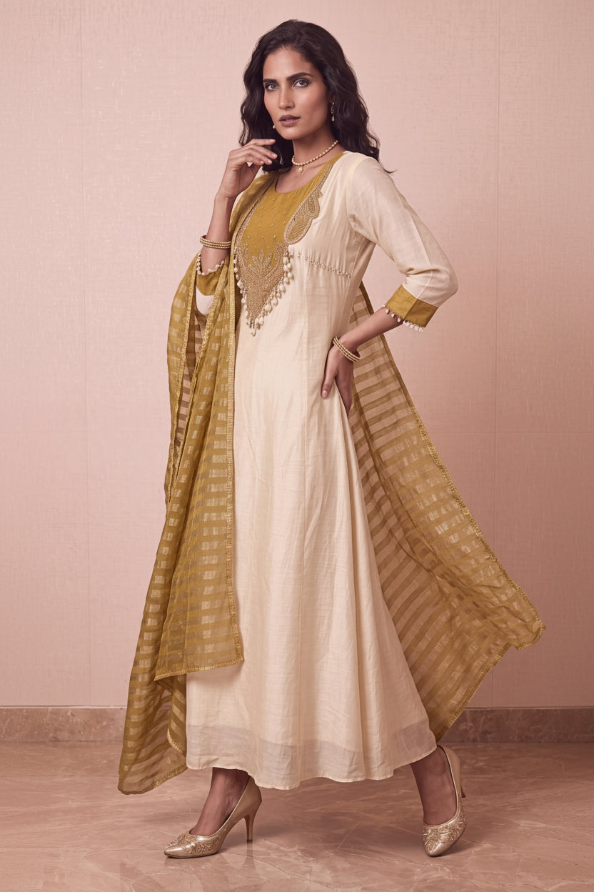 Olive Sunbeam Embellished Dola Silk Anarkali