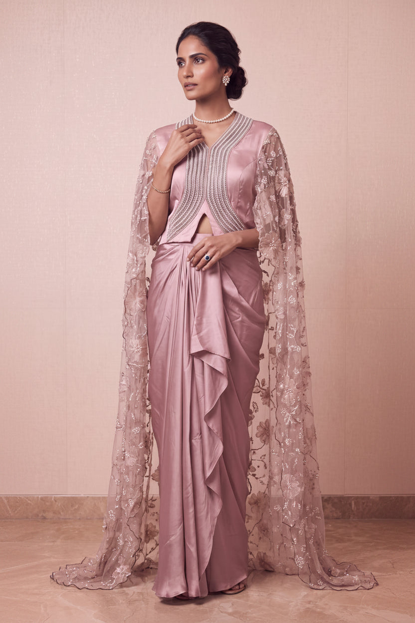 Pearl Rose Embellished Satin Silk Skirt Set