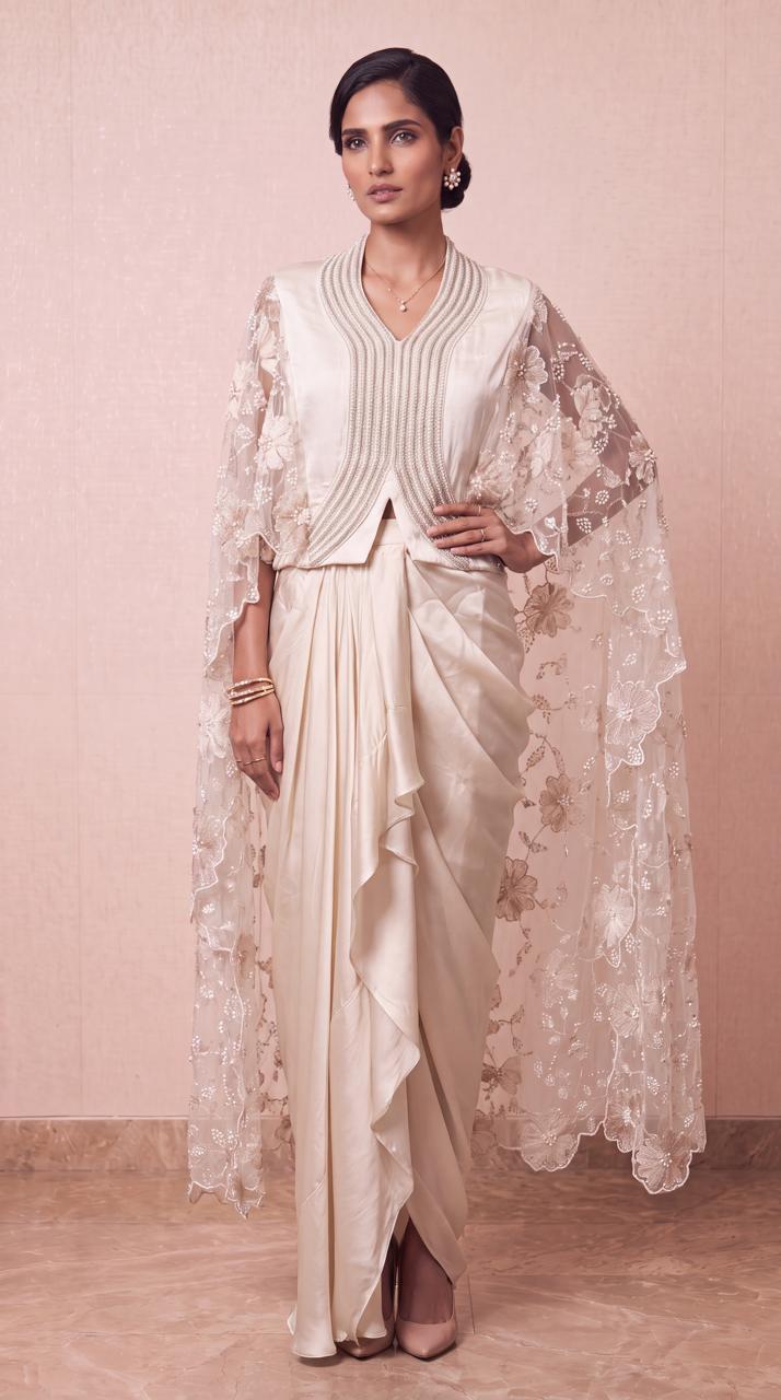 Pearl Ivory Embellished Satin Silk Skirt Set