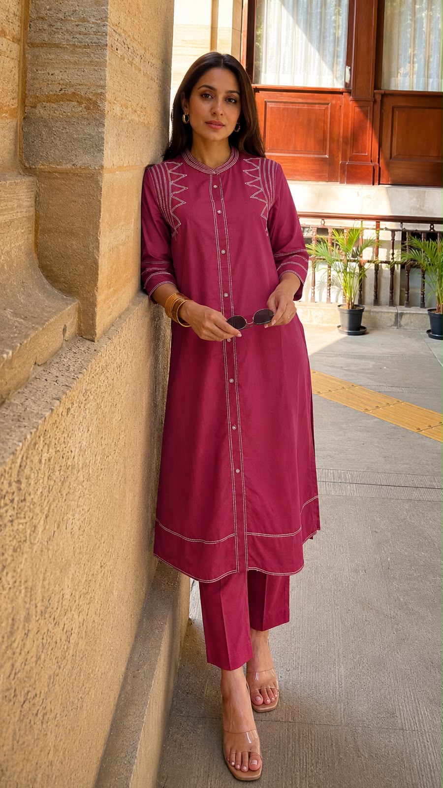 Plum Pink Embroidered Cotton Kurta Set