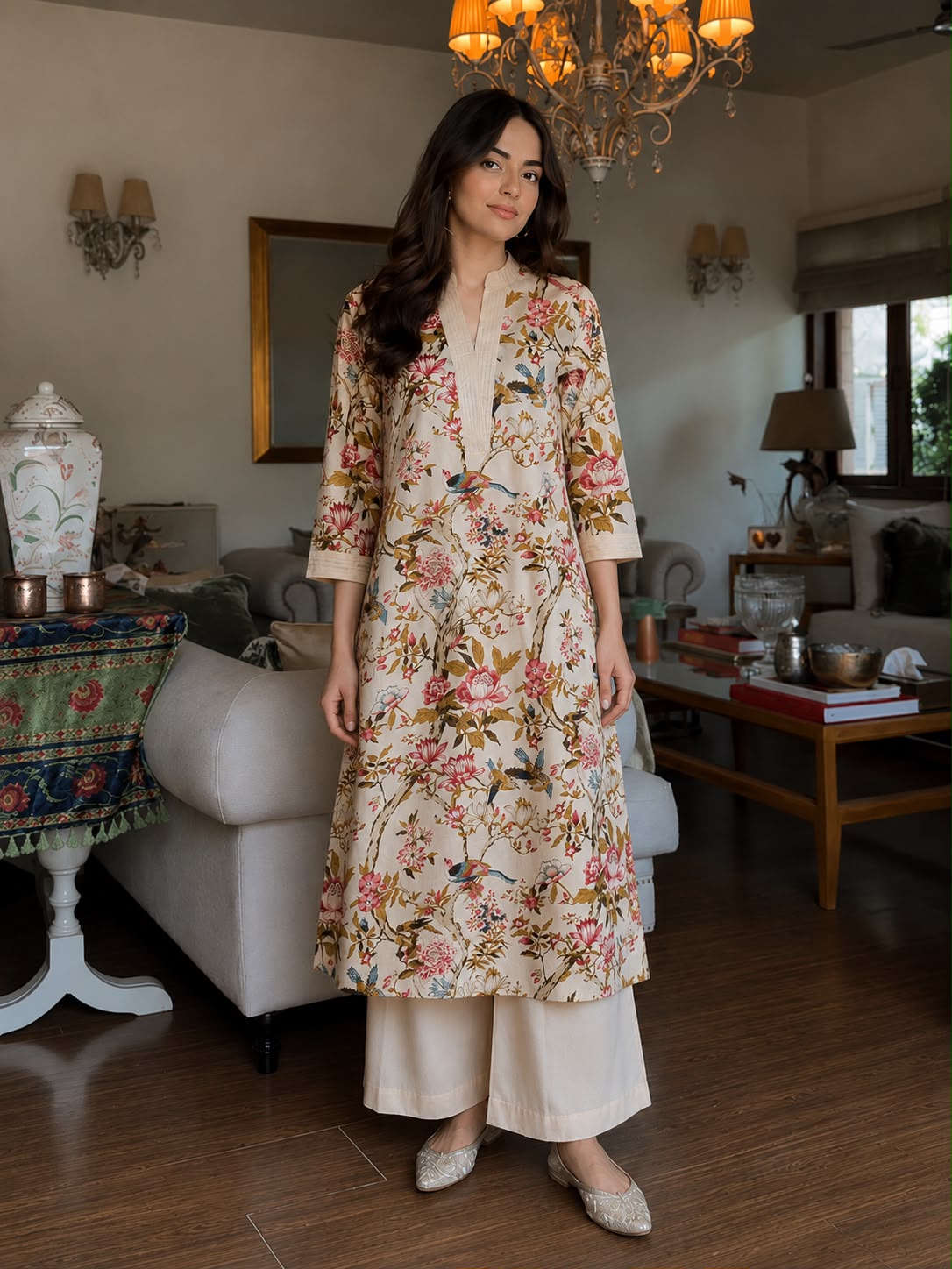 Cream Chintz Printed Cotton Kurta Set