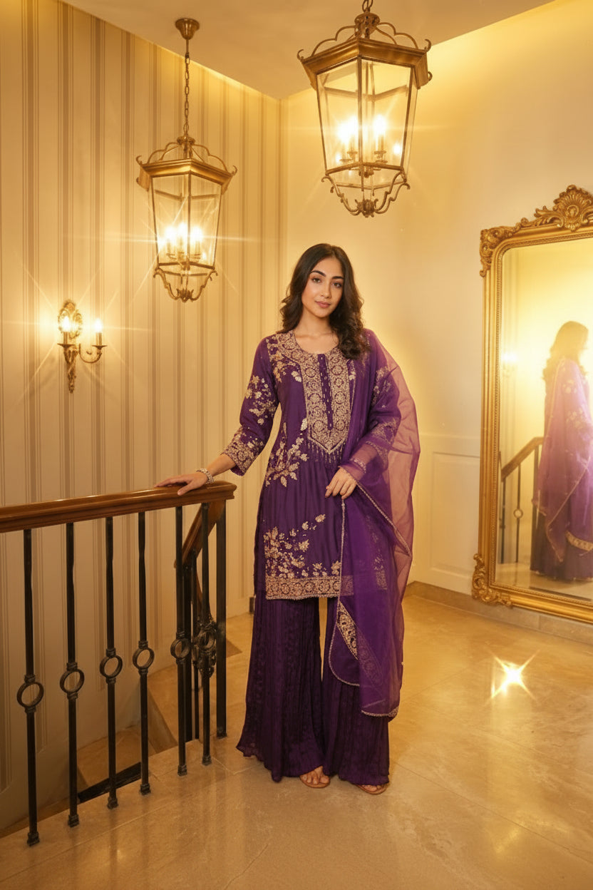 Deep Violet Embellished Permium Silk Sharara Set