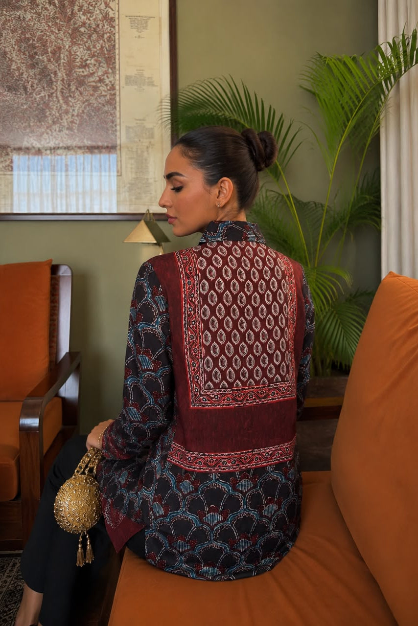 Deep Maroon Printed Crepe Silk Ajrakh Shirt