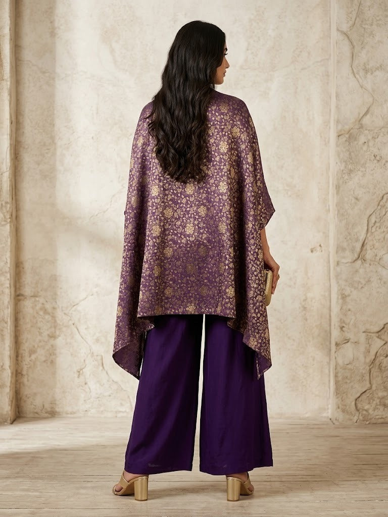 Deep Purple Embellished Banarasi Brocade Silk Kaftan Set
