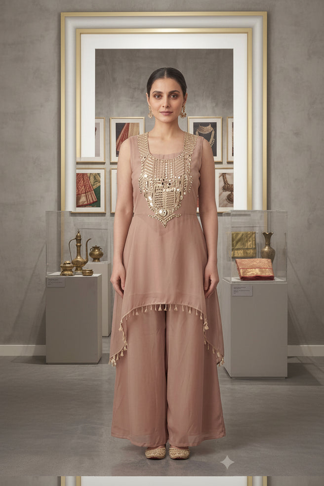 Dusty Mauve Embellished Kora Silk Palazzo Set