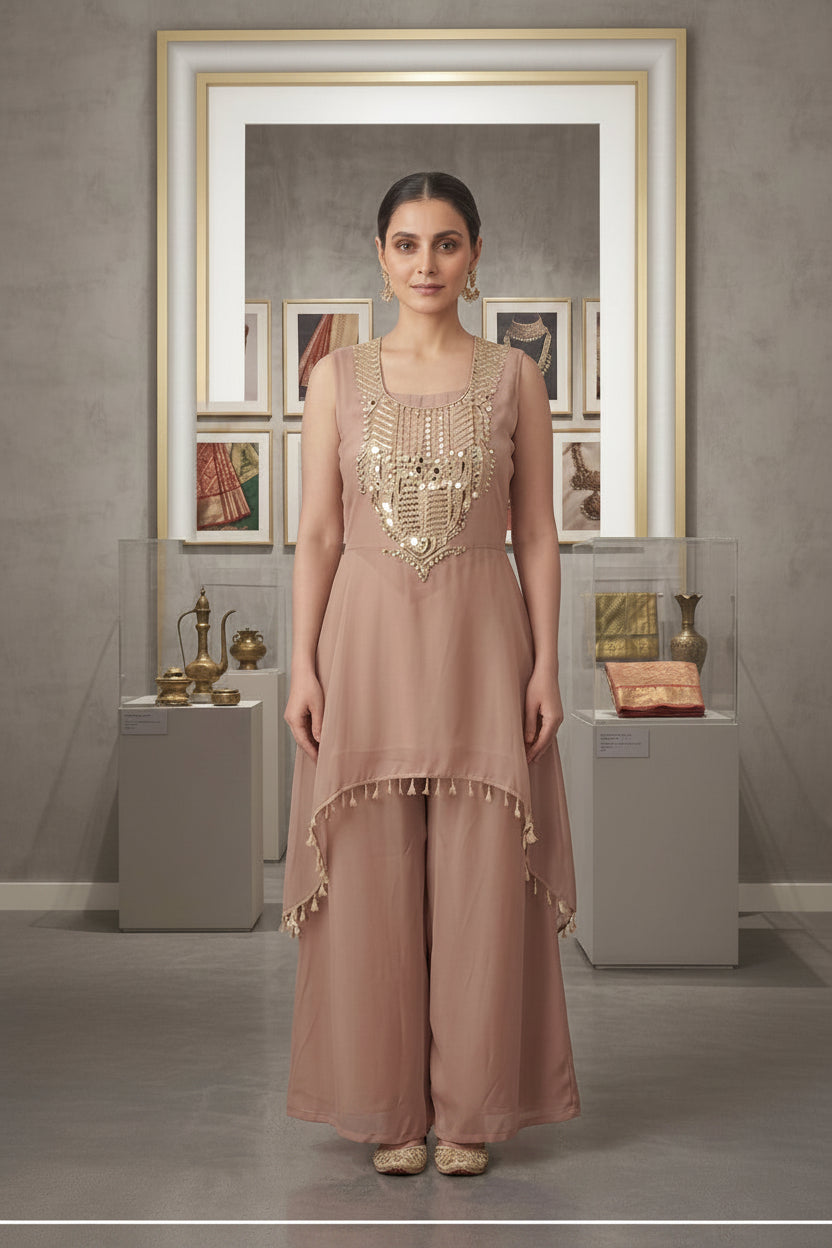 Dusty Mauve Embellished Kora Silk Palazzo Set