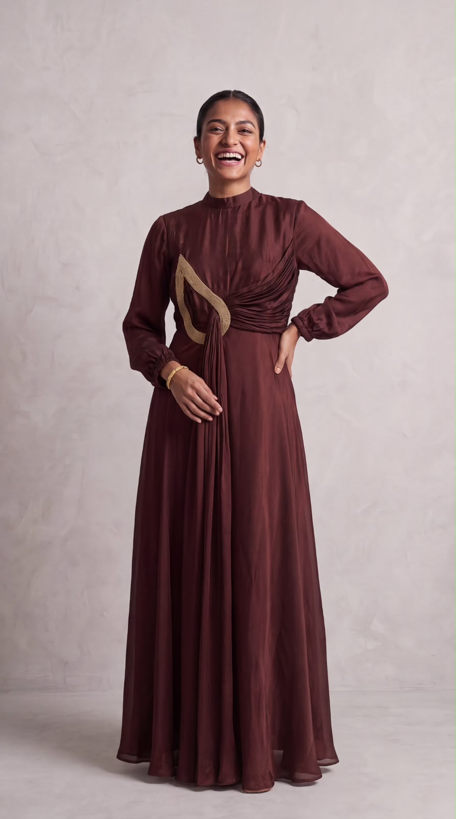 Mahogany Solid Embellished Satin Silk Dress