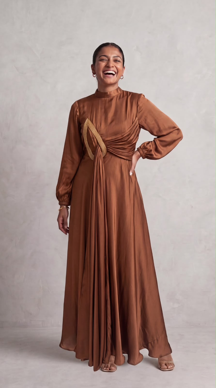 Bronze Solid Embellished Satin Silk Dress