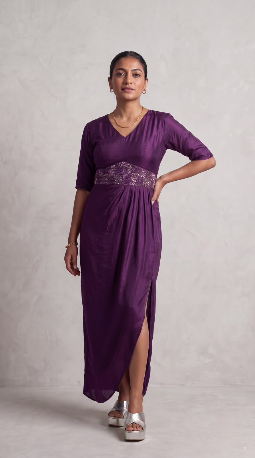 Regal Solid Embellished Satin Silk Dress