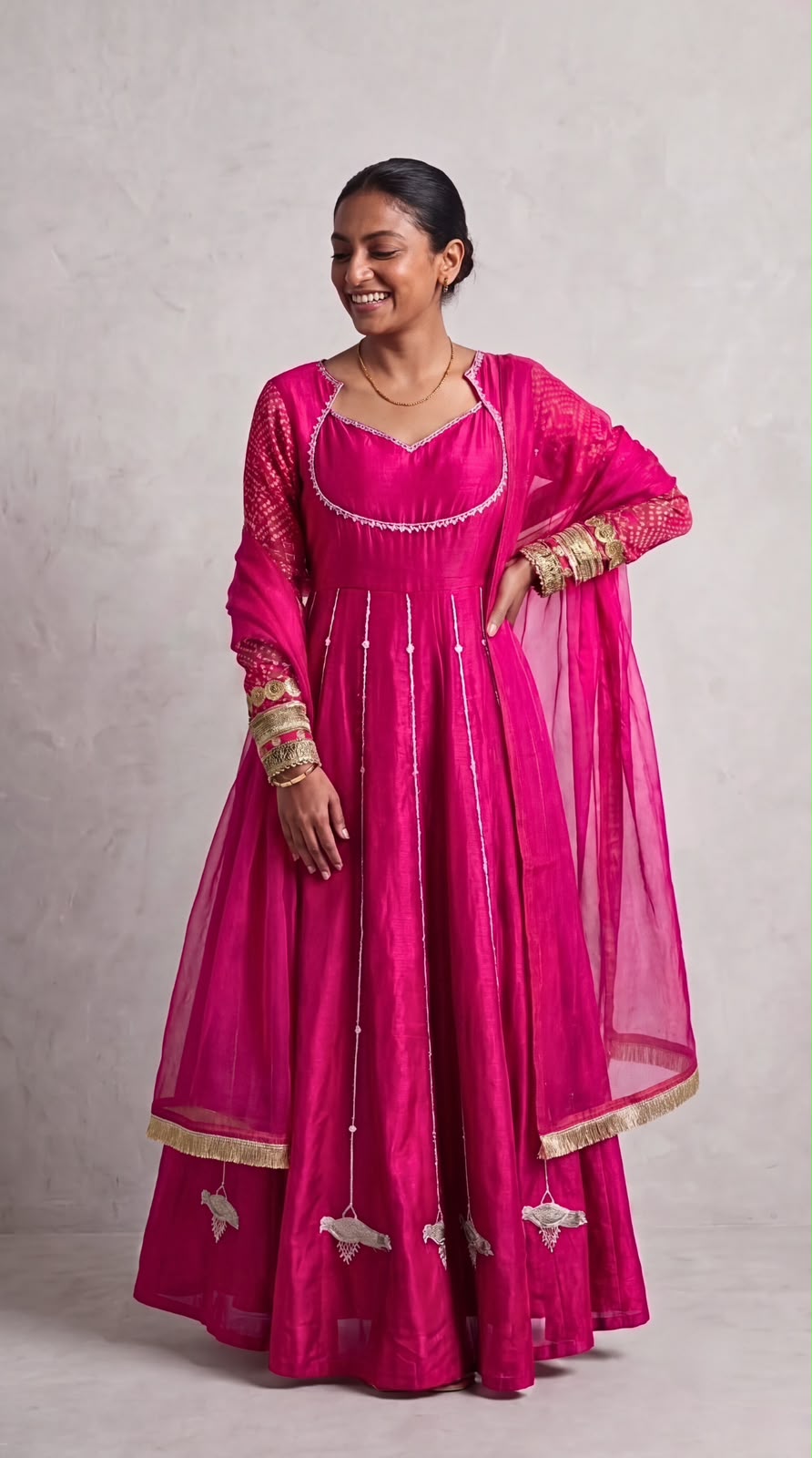 Magenta Solid Embellished Dola Silk Anarkali