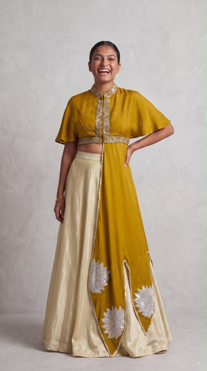 Mustard Lotus Embellished Dola Silk Skirt Set