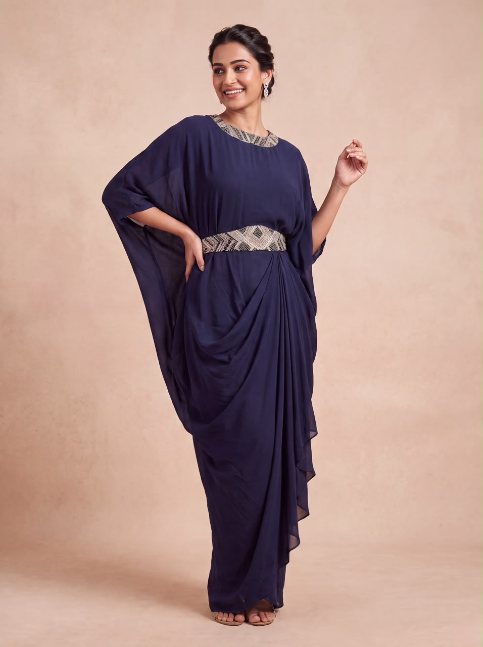 Midnight Navy Embellished Crepe Silk Dress