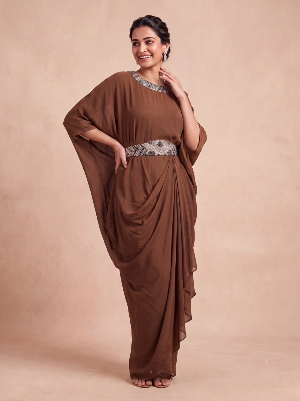 Rich Mocha Embellished Crepe Silk Dress