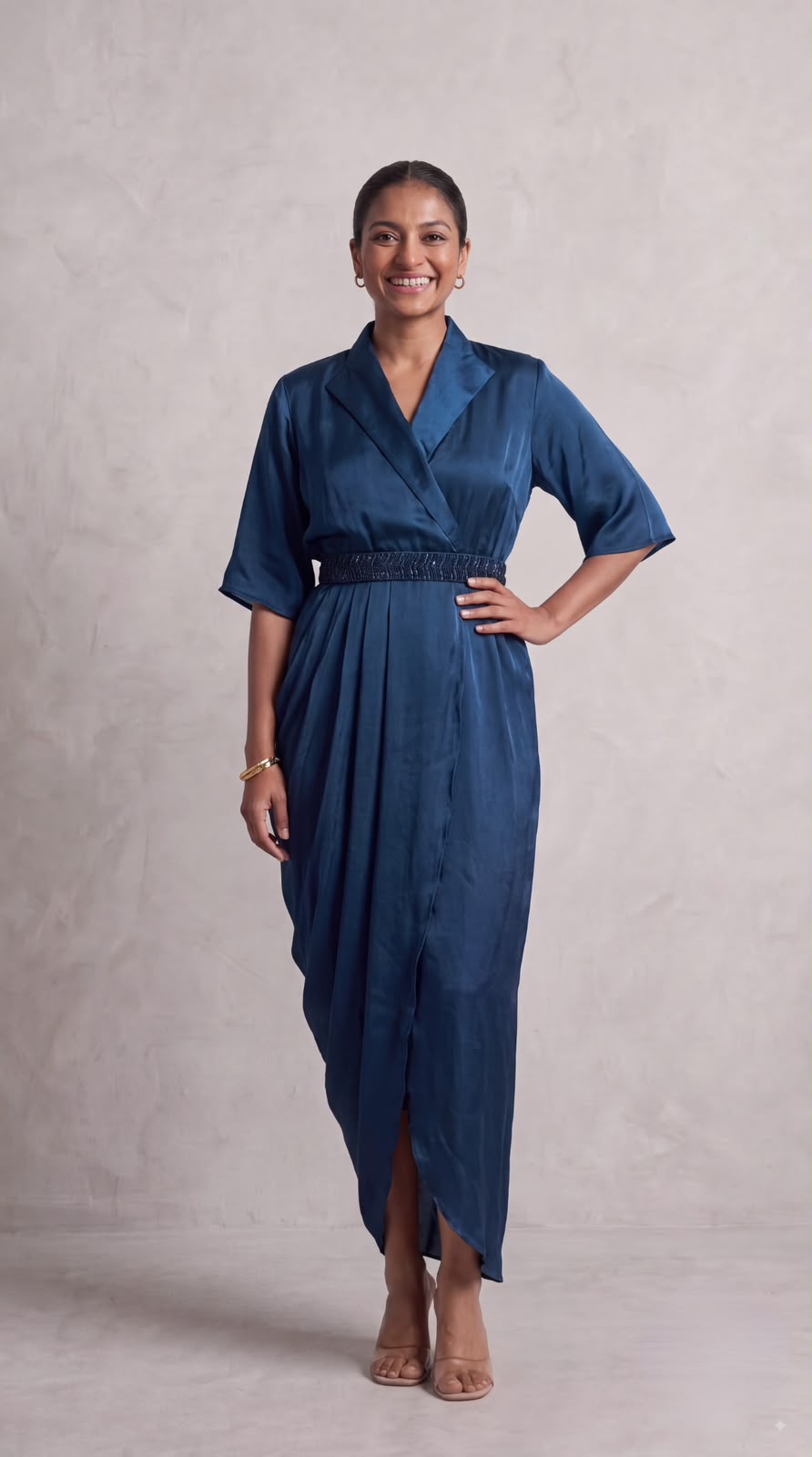 Teal Blue Embellished Satin Silk Dress